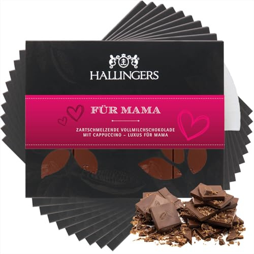 Hallingers Genuss Manufaktur Schokoladen Geschenk Muttertag & Vatertag - Tafel Muttertagsgeschenk Vollmilch Edel-Kakao mit Cappuccino - ohne Alkohol für Mutter Oma, Geschenkverpackung 10x Für Mama