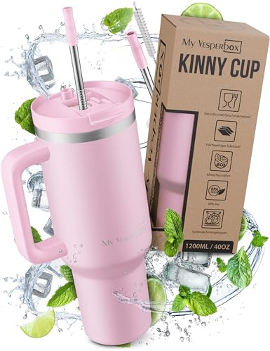 My Vesperbox Kinny Cup – Edelstahl Thermobecher mit Henkel & Strohhalm (500/950 / 1200 ml) – Isolierbecher To Go für Kaffee, Eis & Alltag – BPA-frei, Auslaufsicher, Spülmaschinenfest