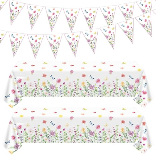 4 Pack Spring Floral Tablecloth Wild Flowers Table Cloth Plastic 2 x Spring Floral Table Cloth Flower Table Cover 51 x 86 Inches 2 x Wildflower Element Banners for Flower Wedding, Babyshower, Birthday