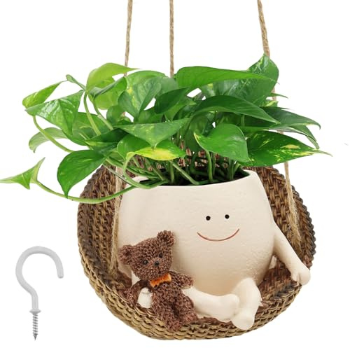 Vaso da fiori da appendere con faccina sorridente con orsetto dolce, corda di canapa ispessita, ultra bello, forte capacità di carico con altalena, viso, vaso da fiori sospeso, per decorazione da