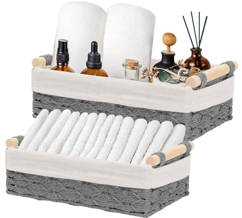 Lot de 2 Panier de Rangement, Corbeille Tressé Rectangulaire Panier Rangement Salle de Bain Panier de Rangement Tissé en Corde de Papier Grand+Petit avec Anse pour Salle de Bain, Salon (Gris)