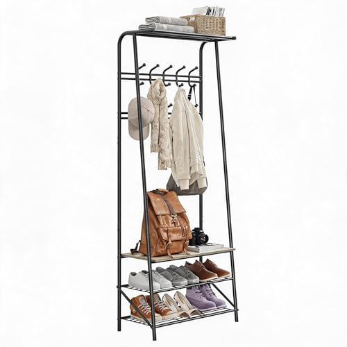 Djioyer Multi-Functional Hall Tree Coat Rack with Bench and Shoe Storage 5/6 Hooks Freestanding Wood Look Metal Frame Organizer for Entryway, Living Room, or Bedroom Hallway Furniture