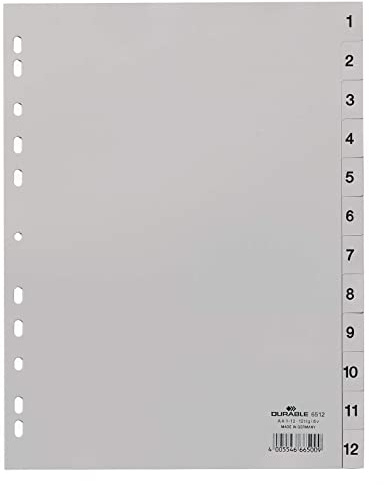 Durable 651210 Zahlenregister (Din A4, geprägte Taben 1-12, PP volldeckend) 1 Stück, grau