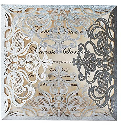 Hosmsua 20x Inviti da matrimonio con taglio laser Pizzo Fiori Hollow floreale sposa doccia favori fidanzamento di compleanno Baby Shower (Argento, 20 pezzi)
