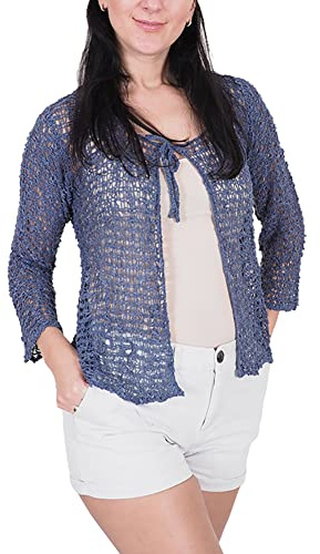 Ladies Popcorn Style Crochet Plain Stretch Fish Net Tie at Waist Bolero Shrug Open Cardigan (One Size, Denim Cardigan)