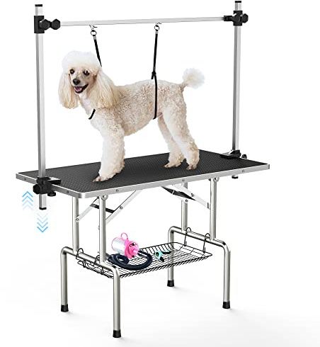Lyromix 46''Large Dog Grooming Table, Adjustable Cat Drying Desktop with Arms, Nooses, Mesh Tray, Foldable Pet Station at Home, Maximum Capacity Up to 330Lb, 46inch, Black, 46in