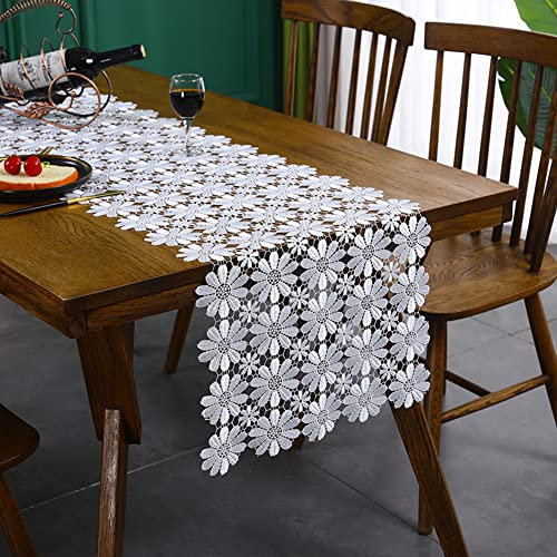 TischläUfer, Tischdecke mit weißen Blumen, Hohle TischläUfer Tischdekoration, Vintage Tischläufer, für Hochzeit, Fest, Heimdekoration, Tischdekoration, 40x120cm, Weiß