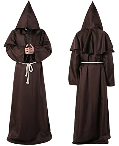 Wishstar Disfraz de Monje, L Medieval Fraile Túnica, marrón Halloween Prister Disfraz, Encapuchado Renacimiento Túnica con Cruz, Traje de Sacerdote para Halloween Carnaval Fiesta temática