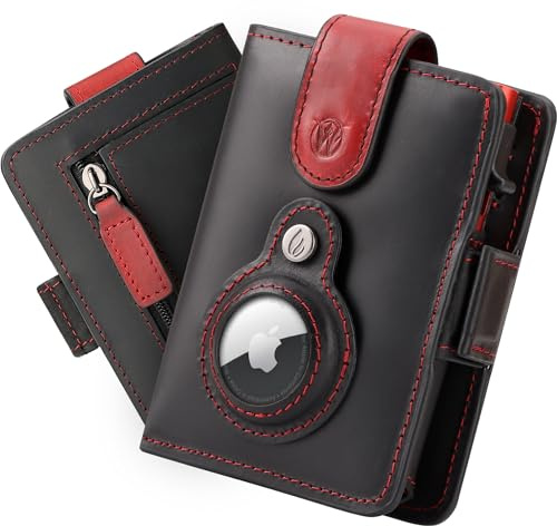 Will Fire® Smart Wallet Herren mit Airtag-Fach & Photokapsel | Inkl. Anhänger | Echtleder Airtag (1. & 2. Gen) Wallet mit Münzfach & Scheinfach | Bis zu 12 Karten | [Schwarz-Rot, Glattleder]