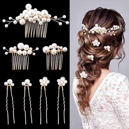 7PCS Pearl Wedding Hair Combs Bridal Headpiece Pearl Hair Pins Hair Clips Elegant Hair Accessories for Bridesmaids Brides Flower