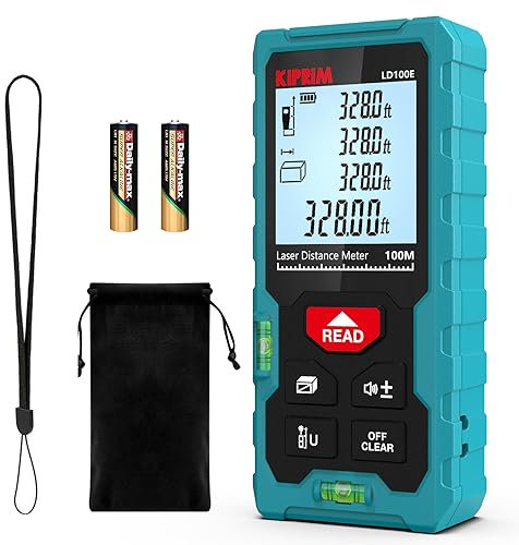Télémètre Laser Mètre Laser 100M Numérique avec 2 Niveaux à Bulle,Réflecteur,Mesure de Longeur Surface Volume Pythagore Kiprim LD100E