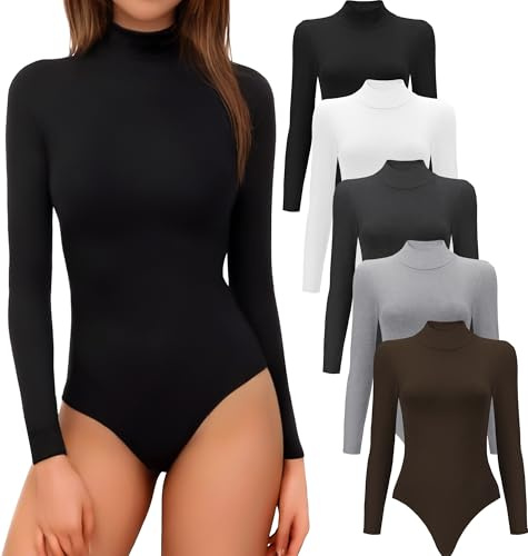 MLYENX 5 Pack Long Sleeve Body suits Womens Mock Turtleneck Casual Basic Stretchy Body Suits Tops M