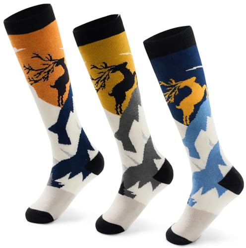 Moon Tree Boys Ski Socks for Kids Winter Warm Snowboarding Socks Thick Thermal Skating Skiing Socks for Boys Girls 3 Pack Elks 6-8 Years