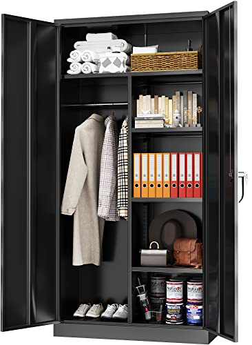 Greenvelly Metal Storage Cabinet with 2 Doors, Black 72” Steel Storage Wardrobe Cabinet, Employees Locker Closet Clothing Coat Steel Wardrobe Cabinet with Hanging Rod for Garage, Gym, Home Office
