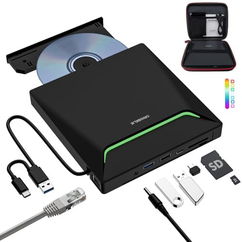 Le Plus Récent Lecteur DVD Externe, USB 3.0 graveur CD avec Adaptateur Ethernet RJ45, 3 Ports USB et 2 Ports pour Carte TF/SD, Lecteur CD Externe pour PC Laptop MacBook Windows Linux Mac OS avec Boîte