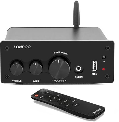 LONPOO 200W Mini Bluetooth Hifi-Verstärker mit Fernbedienung, Optical, COAX, USB, AUX-Eingang, 2 Kanal Audio L/R-Ausgang fur Lautsprecherkabel (615-Schwarz)