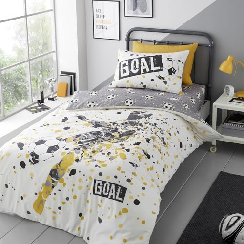 Bedding Bedlam - Set copripiumino per letto singolo (200 x 140 cm), reversibile (2 fantasie), a tema calcio, 1 copripiumino, 1 federa