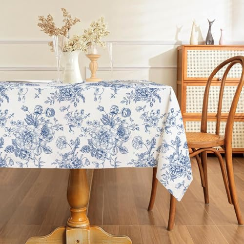 AIBIIN Nappe rectangulaire à motif floral bleu rustique 132 x 182 cm - Couverture de table lavable - Imperméable - Infroissable - Nappes pour restaurants, pique-niques, salle à manger en plein air