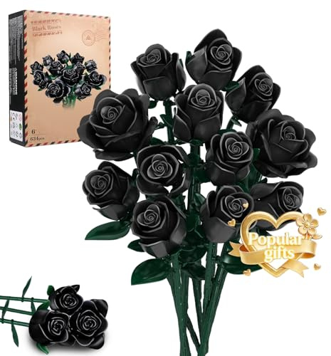 Rongmeiz Jeu de construction Bouquet de fleurs, 12 roses noires artificielles collection botanique blocs de construction jouets éducatifs cadeau pour filles enfant femmes Saint-Valentin Halloween Noël