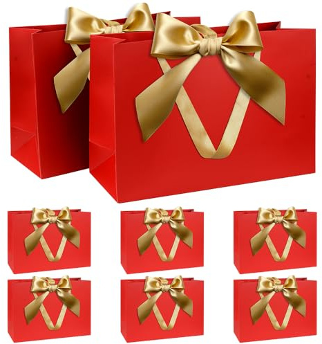 Juego Bolsas Regalo, Bolsa Regalo Rojo con Cinta Bolsa Regalo con Asas 8 Piezas 30x20x10cm Bolsas Regalo para Navidad Cumpleaños Boda Aniversario
