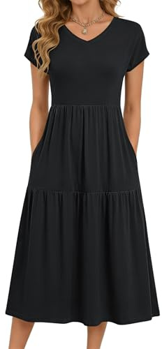 PLOKNRD Women's Summer Dress V Neck Tiered Midi with Pockets | V-neck midi with side pockets, soft jersey. Summer fashion essential: relaxed fit for office, holiday, beach & daily wear