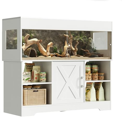 Herture Reptilien Terrarium mit Unterschrank, 225L Terrarien für Bartagame, mit Schiebetüren aus Acrylglas Gitterdeckel Aufbewahrungsschrank integrierte Steckdose, 122x46x106cm, EPX02RTW