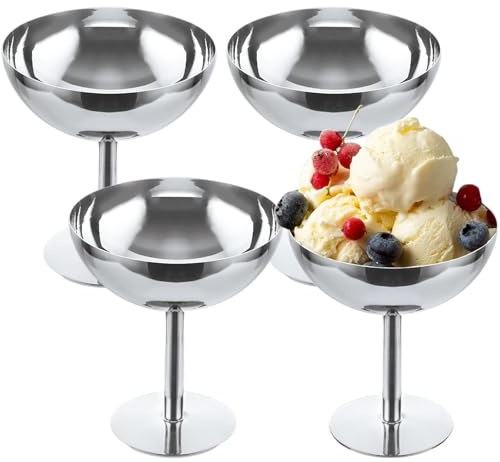 MIUUIPI Set med 4 iskoppar i rostfritt stål, Ø 10 cm, 200 ml dessertskål med fot, cocktailglas, Ice Cream Sundae dessertglas för frukt, sallad, yoghurt och pudding, perfekt för bröllop och fester