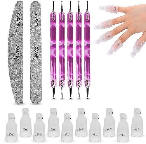 Kit Uñas Semipermanentes. Incluye 10 Pinzas Removedor de Gel Uñas acrílicas. Set Herramientas Manicura, 5 Pinceles para Uñas Nail Art. Un Par de Limas para Dar Forma y Pulir Tus Uñas.