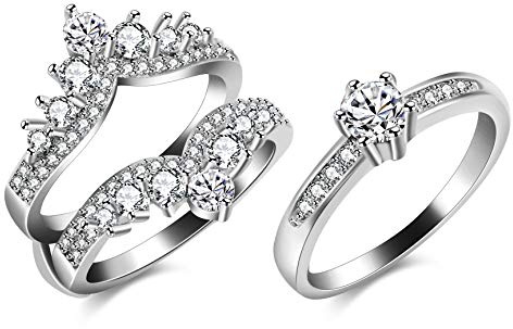 Uloveido Y477-J048 Ensemble d'alliances pour femme avec double couronne de princesse et zircone cubique, T1/2 (62.1mm), Cristal, Zircone cubique