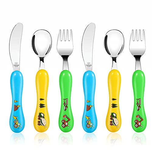 Lehoo Castle Couvert Enfant, 6 Pièces Couverts pour Bébé Inox Excavateur, 2 x Fourchettes, 2 x Couteaux, 2 x Cuillères, Set Couvert Bebe pour Garçons Filles
