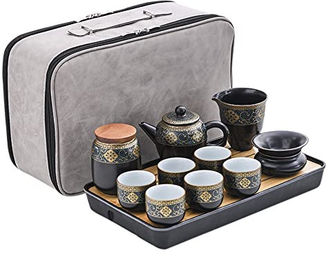 fanquare Japanisches Kung Fu Tee Set mit Reisetasche, Schwarz Teekanne Teetassen Set mit Gold Blumen Muster, Teeservice Set aus Keramik, Teekanne und 6 Tassen