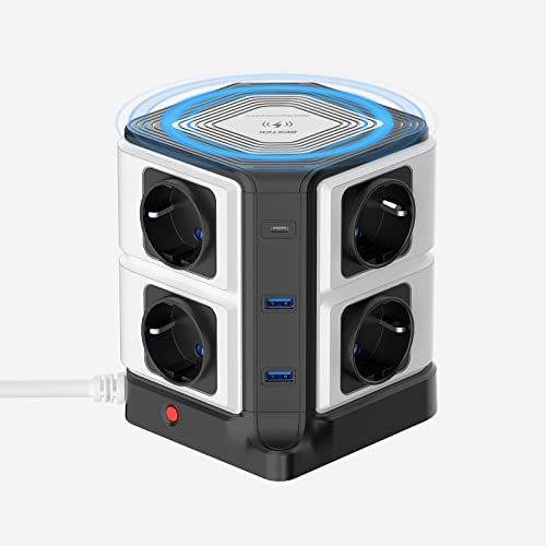 BESTEK Mehrfachsteckdose Überspannungsschutz, Mehrfachstecker mit Qi ladestation Wireless Charger, 20W PD Schnellladung, 8 Fach Mehrfachsteckdose mit 3 USB, Überspannungsschutz 4000J Joule,Schwarz