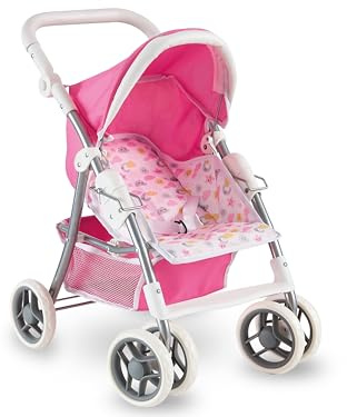 Teorema Giocattoli Cochecito para muñecas Ligero y Plegable, Carrito para muñecas con Capa Ajustable, Cesta de Almacenamiento, Estructura de Metal, Cochecito de Juguete para niña maniobrable, Rosa