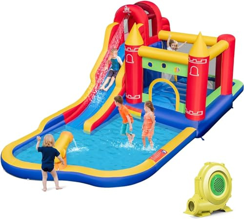 RELAX4LIFE 7-in-1 Castello Gonfiabile con Soffiatore per Bambini, Parco Acquatico Gonfiabile con Scivolo, Piscina, Parete da Arrampicata e Trampolino, 622,5 x 273 x 237 cm