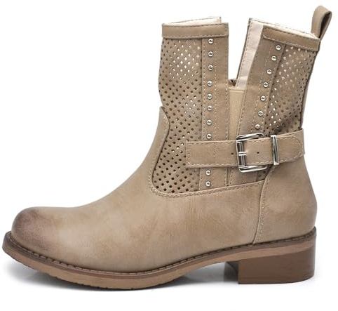IF Fashion Bottines Bottines Biker pour Motocycliste Femme Perforé Avec Boucles Printemps été Cuir Synthétique Effet Jean GR-6656, 37 EU
