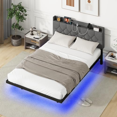 COSTWAY Double/King Size Floating Metal Bed Frame with LED Lights, Charging Station & 3-Level Adjustable Headboard, 4FT6/5FT Slat Support Platform Mattress Base (Double-197x141x102cm)