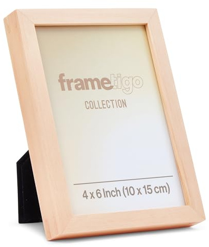 Frametigo - Solid Pine Wood Photo Frame, 4x6 (10x15cm) Dual Orientation | Natural Wood, Velvet Frame Backing & Stand, Double Spline Joint, Polished Edge Real Glass, Landscape or Portrait Orientation