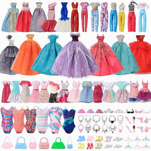58PCs Doll Clothes Gift Set for 11.5 inch Doll and Barbie: 2 Wedding Gowns, 6 Fashion Dresses, 2 Casual Outfits, 3 Swimsuits, 10 Pairs of Shoes, 21 Fashion Accessories, and 14 Hangers
