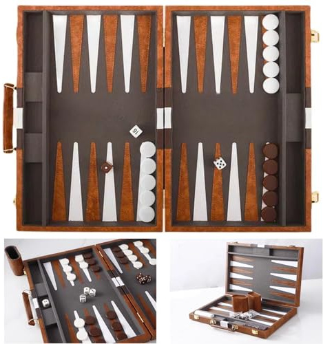 15 Inch Backgammon Set 2 Players, Travel Classic Backgammon Set with Portable Premium Leather Case, Wooden Luxury Folding Puzzle Board game for Adults Board Game, Tactical Board Game Ideas