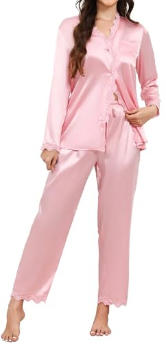 TeJoyce Pijama Mujer Largo Seda Invierno, Dos Piezas Raso Ropa de Dormir, Conjunto Satén Camiseta Encaje Manga Larga con Botones Abierto y Pantalón, Elegante y Suave Casa (Rosa, XL)