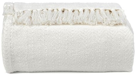 EHC Chevron Throw Blanket, Handwoven Cotton Throws for Sofas Bed Sofa Settee Couch Reversible Bed Cover Over Bedspread, Single 127 x 152 cm, Ivory