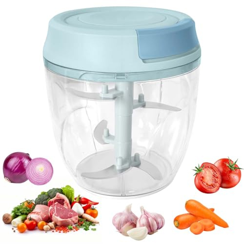 Luxvara Tritatutto Manuale a Corda, 900ml Trita Verdure Manuale con Tirante A Corda, Tritaverdure Taglia Cucina Con 5 Lame in Acciaio Inossidabile per Verdure Carne Noci (Blu)