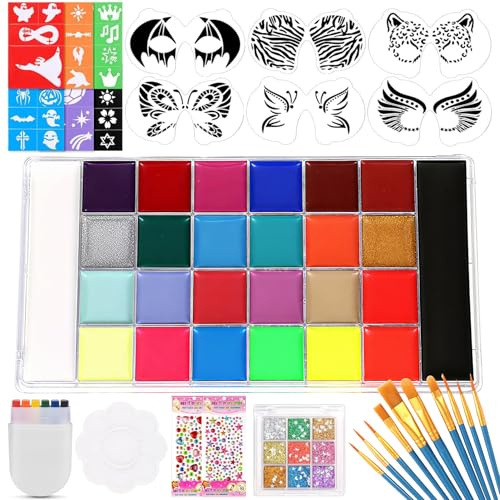 Face Painting Kit, 26 Colors Face Body Paint Oil Palette with 6 Stencils, 41 Stencil Stickers, 10 Brush, 9 Body Glitter, 2 Sheets Face Gems, Rainbow Tattoo Painting Art for Halloween Cosplay Makeup