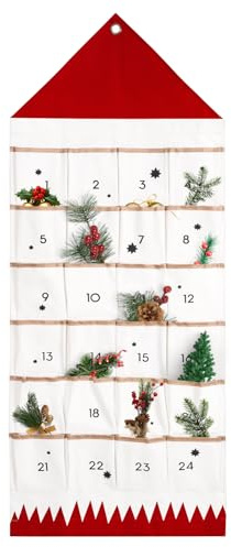 SAVORLIVING Julkalender med 24 fickor, återanvändbar nedräkningskalender, förvaringsväska, tygkalender, vägghängande väska för jul, högtid, hem, väggdekoration (röd)