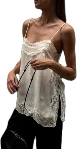 Alaurbeauty Top lungo in pizzo camisole da donna, scollo quadrato, spacco laterale, canotta scorrevole con pizzo chiffon, canottiera intima camisole, bianco, XL
