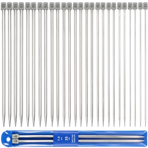 26 Pcs Knitting Needle Set, 35cm Long Stainless Steel Knitting Needles, 2 mm-10 mm Metal Single Pointed, Knitting Accessories for Beginners & Professionals Handmade DIY Scarves, Hats, Sweaters