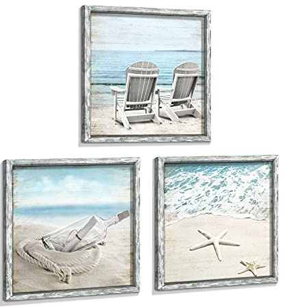 Seascape Pictures Framed Wall Artwork: Ocean Wall Art Set of 3 Beach Chairs & Drift Bottle Wall Art Coastal Prints on Wood for Bedroom