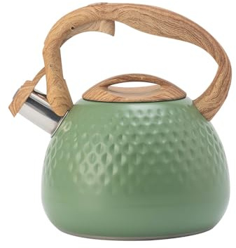 Teiera in acciaio inox con manico in venatura del legno, bollitore a fischio da 2,8 l, adatta per fornello a gas e induzione durevole (verde)