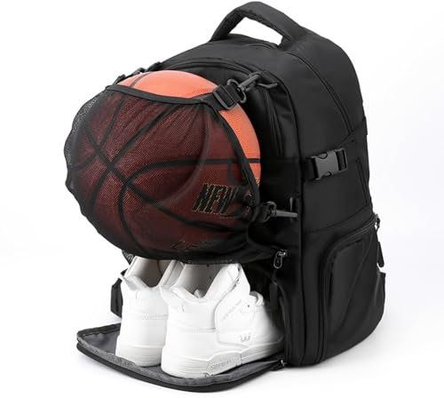 HMAKGG Basketball Rucksack, Fußball Rucksack mit Schuhfach, Separatem Ballfach, 30L Wasserfest Sportrucksack mit 15.6 Zoll Laptop-Fach & Zaunhaken, Tragbarer Ballsack, für Jungen, Schwarz