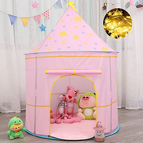 Carpa para niños,con Luces de Estrellas Castillo,Tienda para Niños, Playhouse Toy para Juegos de Interior y Exterior,Navidad & Cumpleaños Regalos para Niños Chico Niña (Rosa Luna)